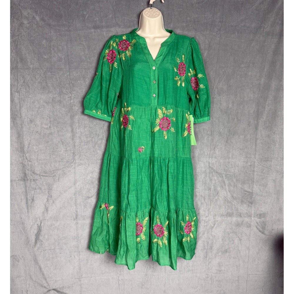 Fig & Flower Green Floral Embroidery Tiered Midi Dress L Petite NWT Cottagecore